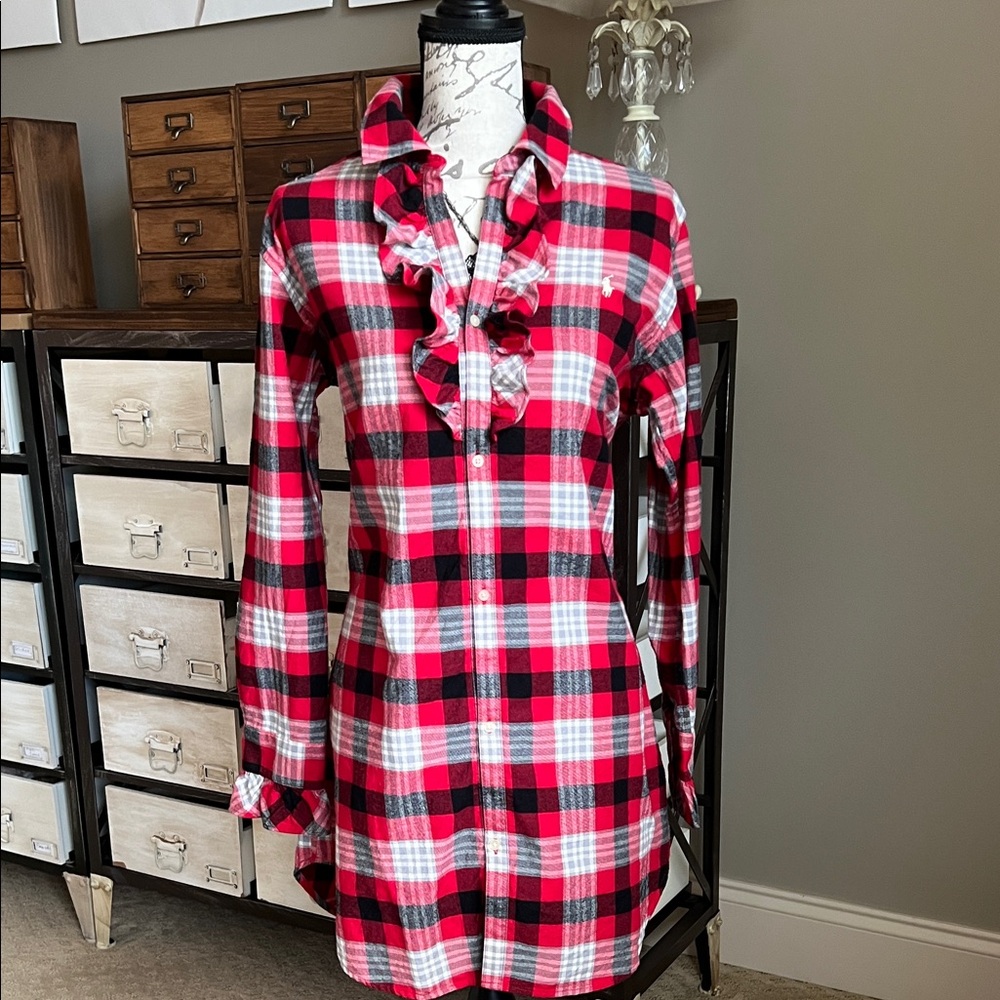 Ralph Lauren Polo Red Black White Gray Plaid Ruffle Dress